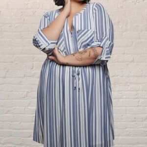 Torrid Striped Blue and White ticking stripe zip front drawstring waist dress L